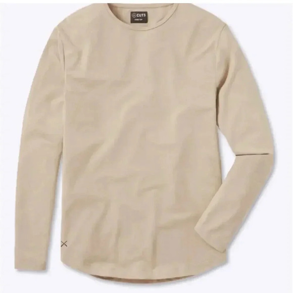 Cuts Curve-Hem Beige Long Sleeve Crew Neck Pullover Shirt XL - Picture 2 of 5